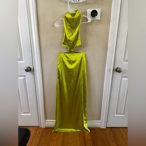 Neon Lime Green Halter Cutout Waist Back Tie Satin Maxi Summer Dress Small